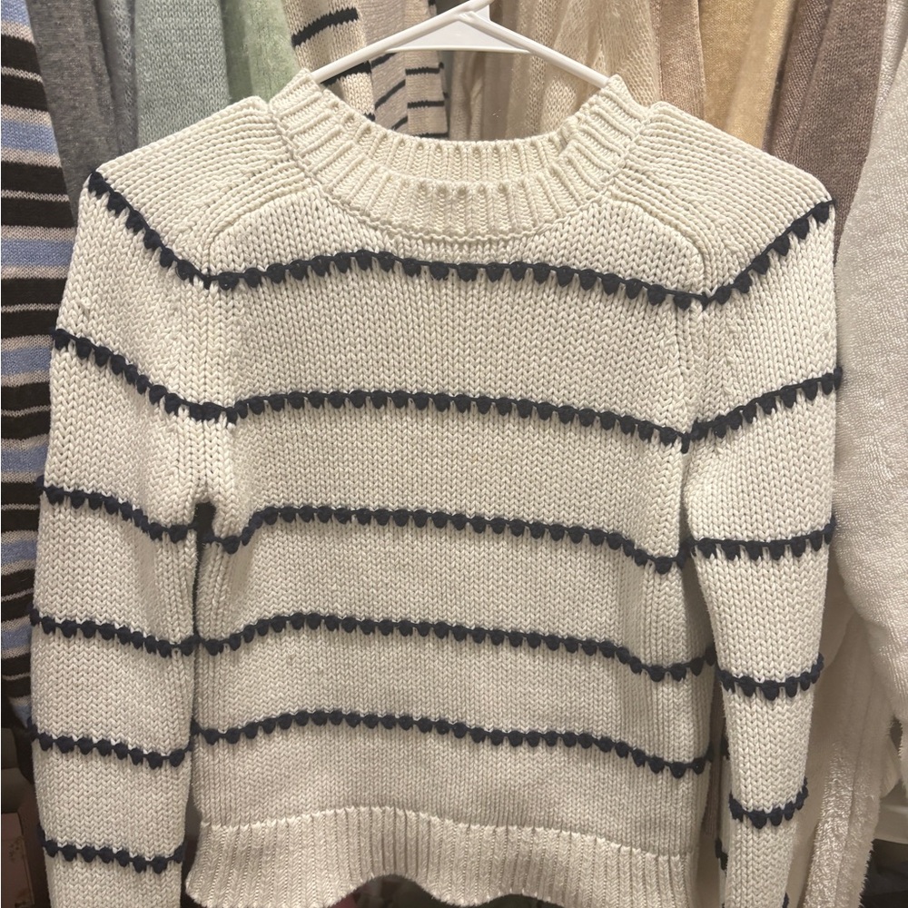 Madewell Scalloped Striped Knit Sweater - White and Navy
